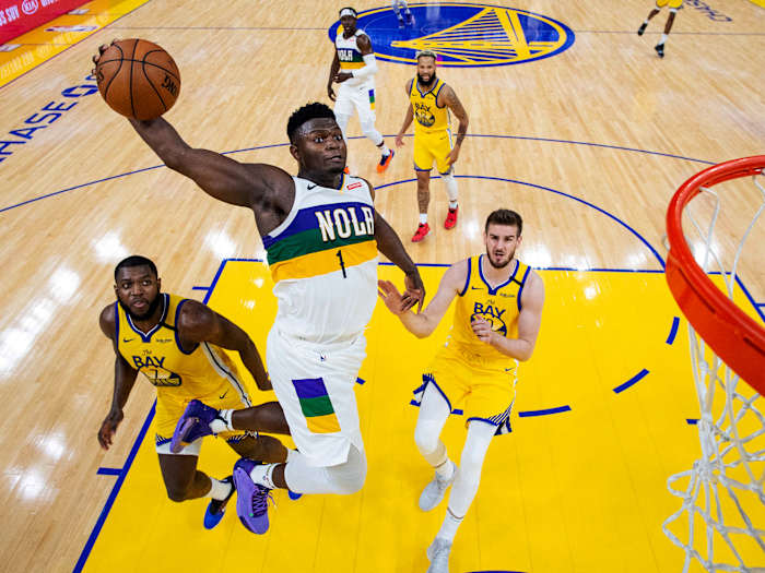 February 23, 2020; San Francisco, California, USA; New Orleans Pelicans forward Zion Williamson (1) dunks the basketball during the second half against the Golden State Warriors at Chase Center.